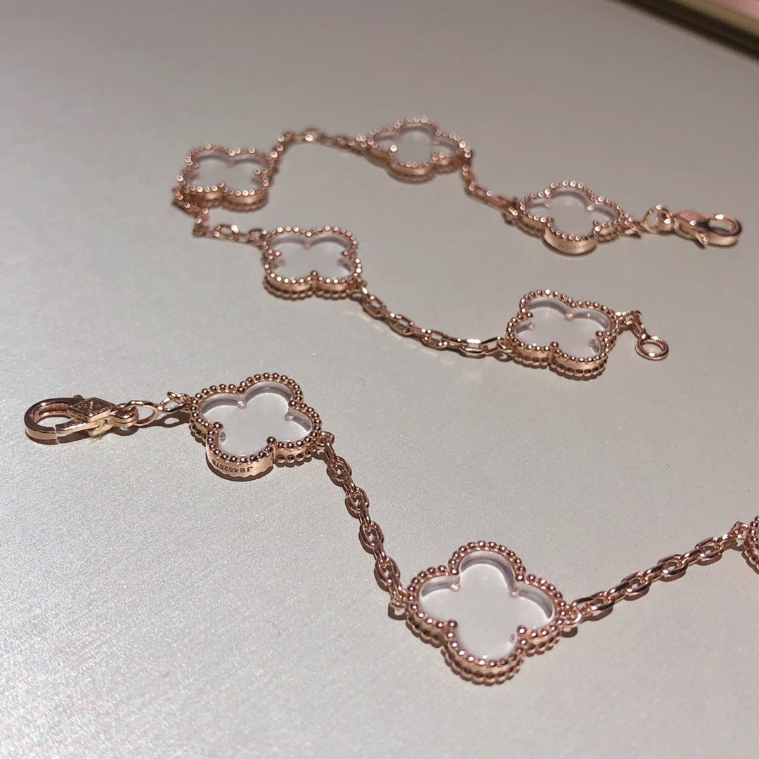 [Regal Jewels]CLOVER 5 MOTIF ROCK CRYSTAL PINK GOLD BRACELET