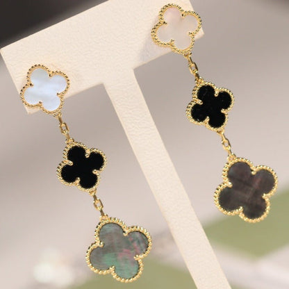 [Regal Jewels]CLOVER EARRINGS GOLD ONYX MOP 3 MOTIF