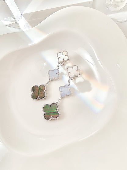 [Regal Jewels]CLOVER 3 MOTIFS CHALCEDONY DARK MOP SILVER EARRINGS