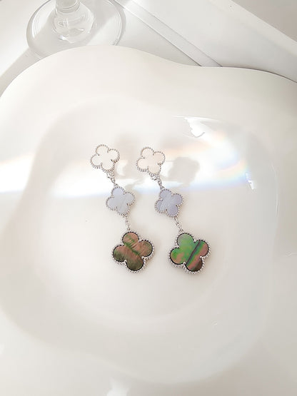 [Regal Jewels]CLOVER 3 MOTIFS CHALCEDONY DARK MOP SILVER EARRINGS