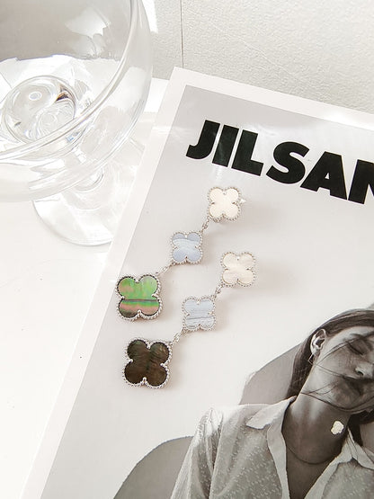 [Regal Jewels]CLOVER 3 MOTIFS CHALCEDONY DARK MOP SILVER EARRINGS