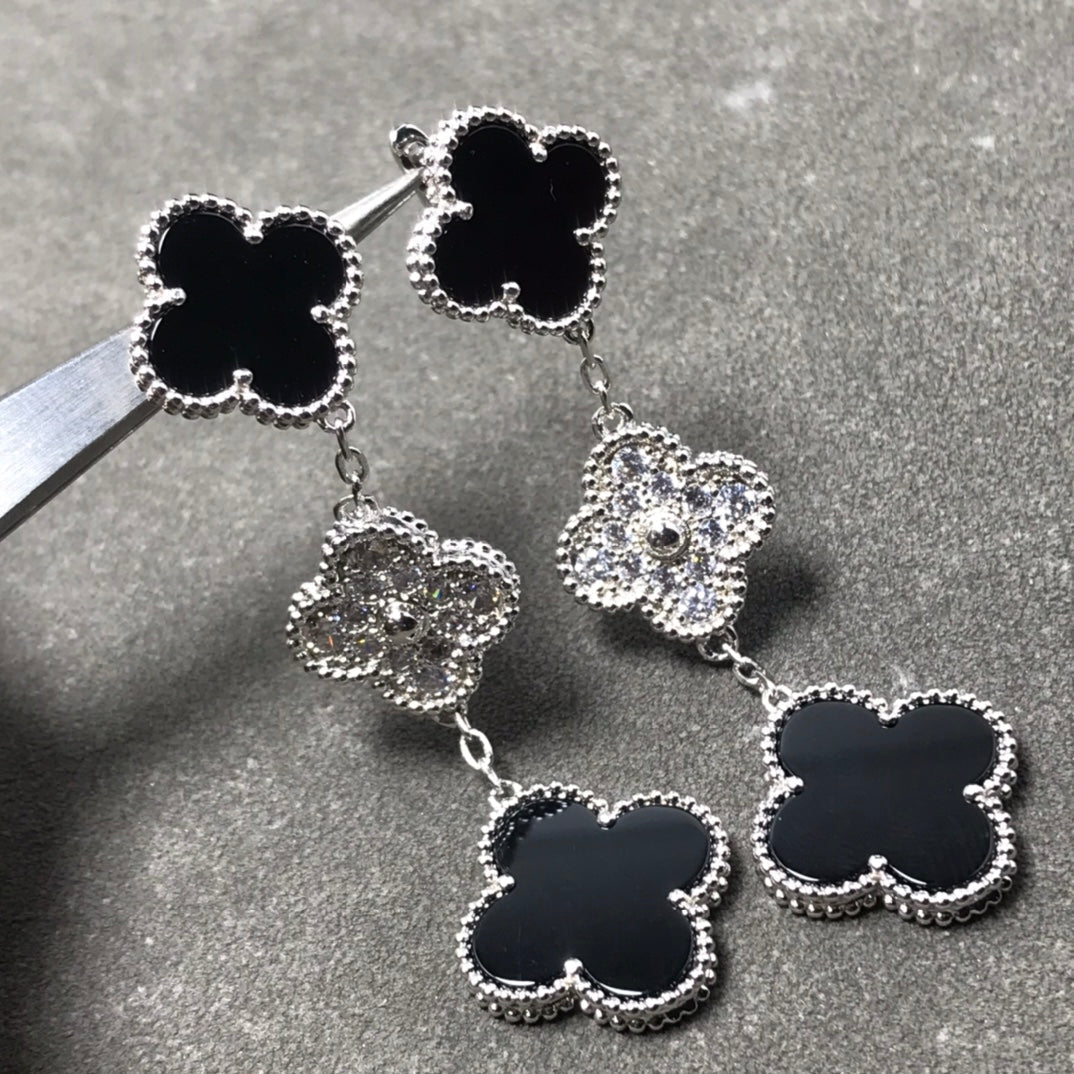 [Regal Jewels]CLOVER 3 MOTIF DIAMOND ONYX SILVER EARRINGS