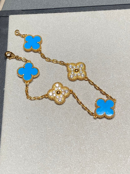 [Regal Jewels]CLOVER 5 MOTIF BLUE CHALCEDONY DIAMOND GOLD BRACELET