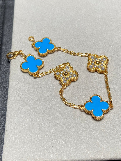 [Regal Jewels]CLOVER 5 MOTIF BLUE CHALCEDONY DIAMOND GOLD BRACELET