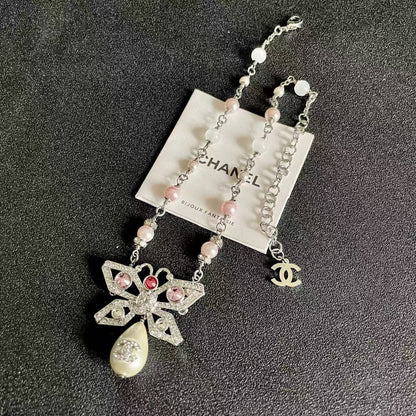 [Regal Jewels] Bow & Pearl Double C Pavé Diamond Necklace