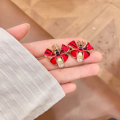 [Regal Jewels] Ladybug Enamel & Faux Pearl Clip-On Earrings