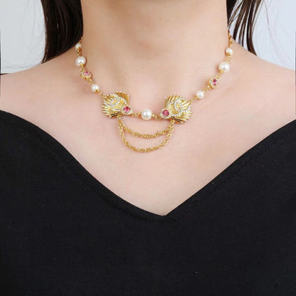 [Regal Jewels]Vintage Fan Motif Double CC Crystal & Pearl Necklace