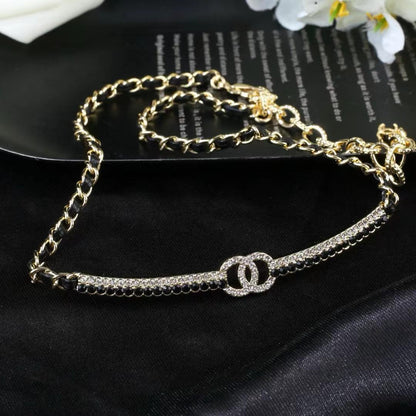 [Regal Jewels]Black Leather Interwoven Crystal CC Choker Necklace