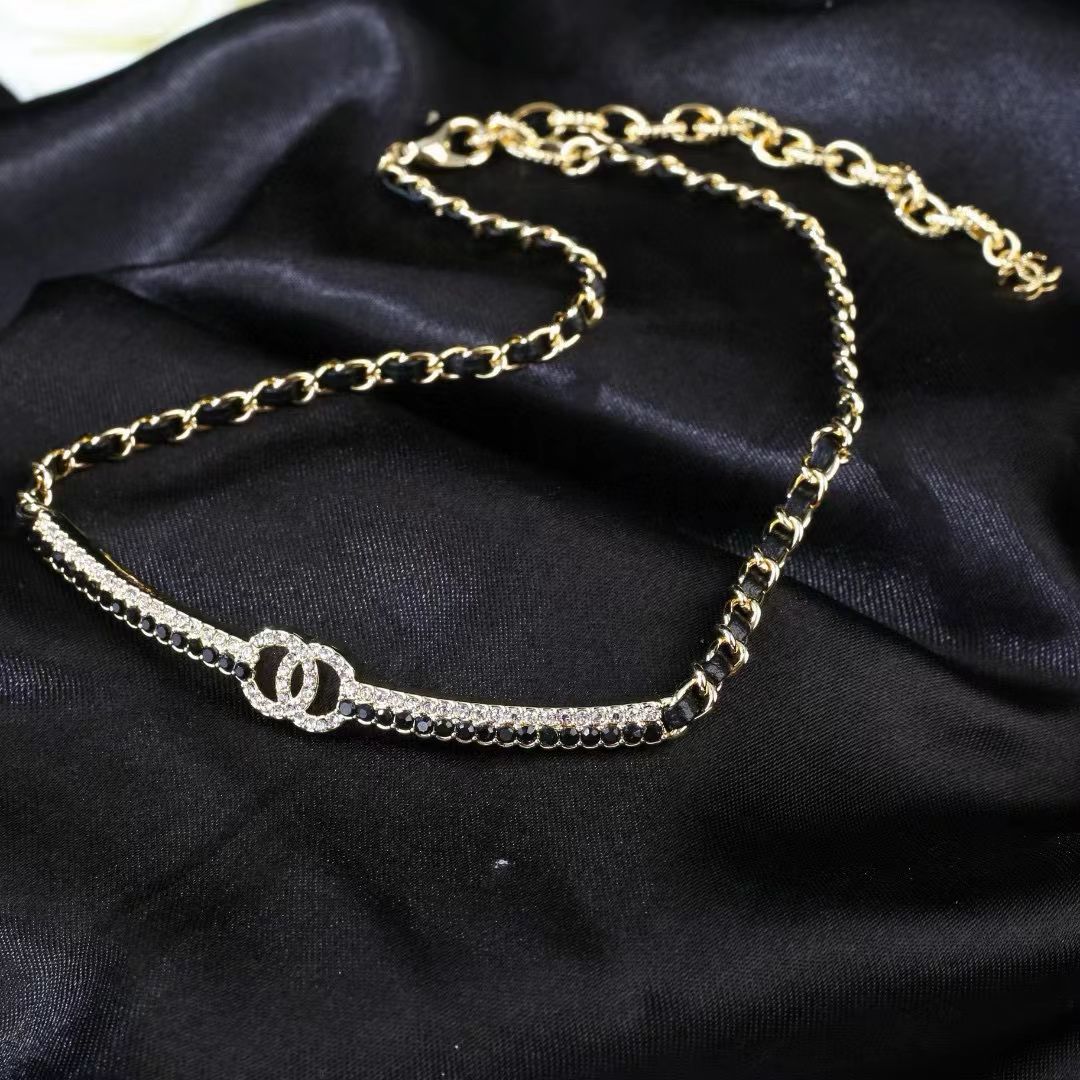 [Regal Jewels]Black Leather Interwoven Crystal CC Choker Necklace