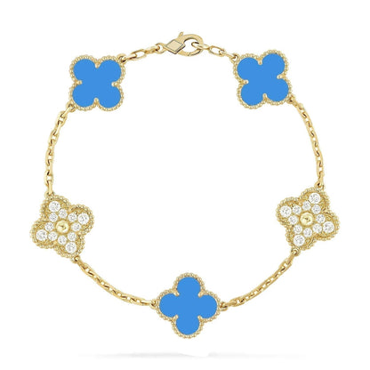 [Regal Jewels]CLOVER 5 MOTIF BLUE CHALCEDONY DIAMOND GOLD BRACELET