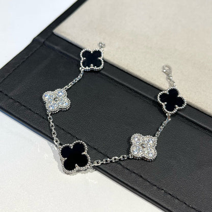 [Regal Jewels]CLOVER 5 MOTIF ONYXS DIAMOND BRACELET SILVER