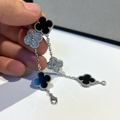 [Regal Jewels]CLOVER 5 MOTIF ONYXS DIAMOND BRACELET SILVER