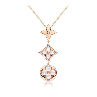 [Regal Jewels]COLOR BLOSSOM LARIAT NECKLACE PINK GOLD WHITE MOTHER PEARL AND DIAMOND