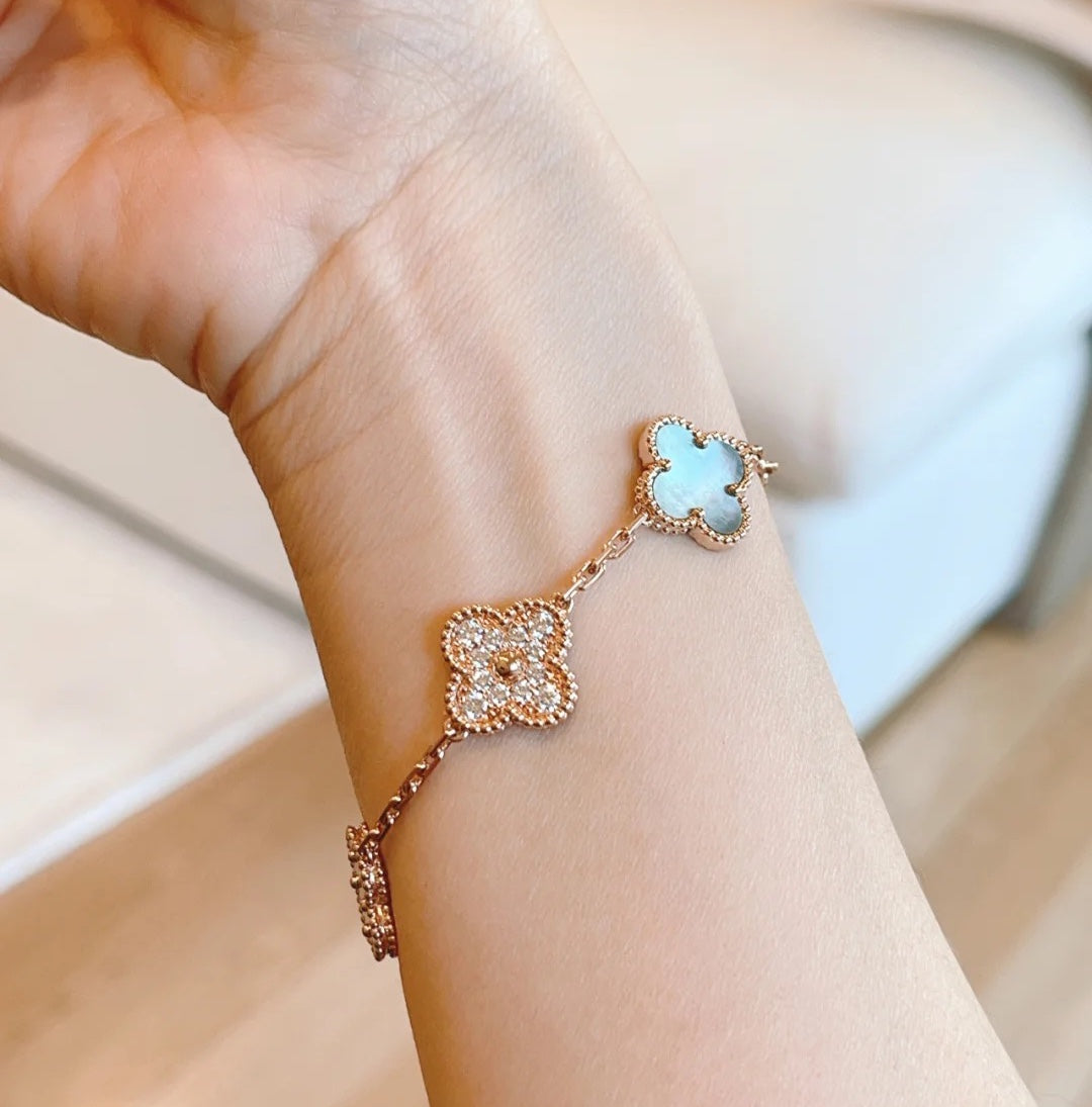 [Regal Jewels]CLOVER 5 MOTIFS DARK MOP AND DIAMONDS PINK GOLD BRACELET
